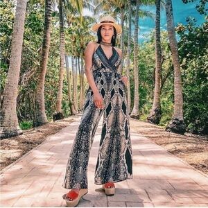 Shahida Parides Silk Jumpsuit Python Snake Animal Print Wide Leg Halter Size S M